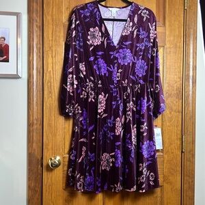 Women's Size Large Velvet Long-Sleeve Purple Print Dress By London Times-NWT